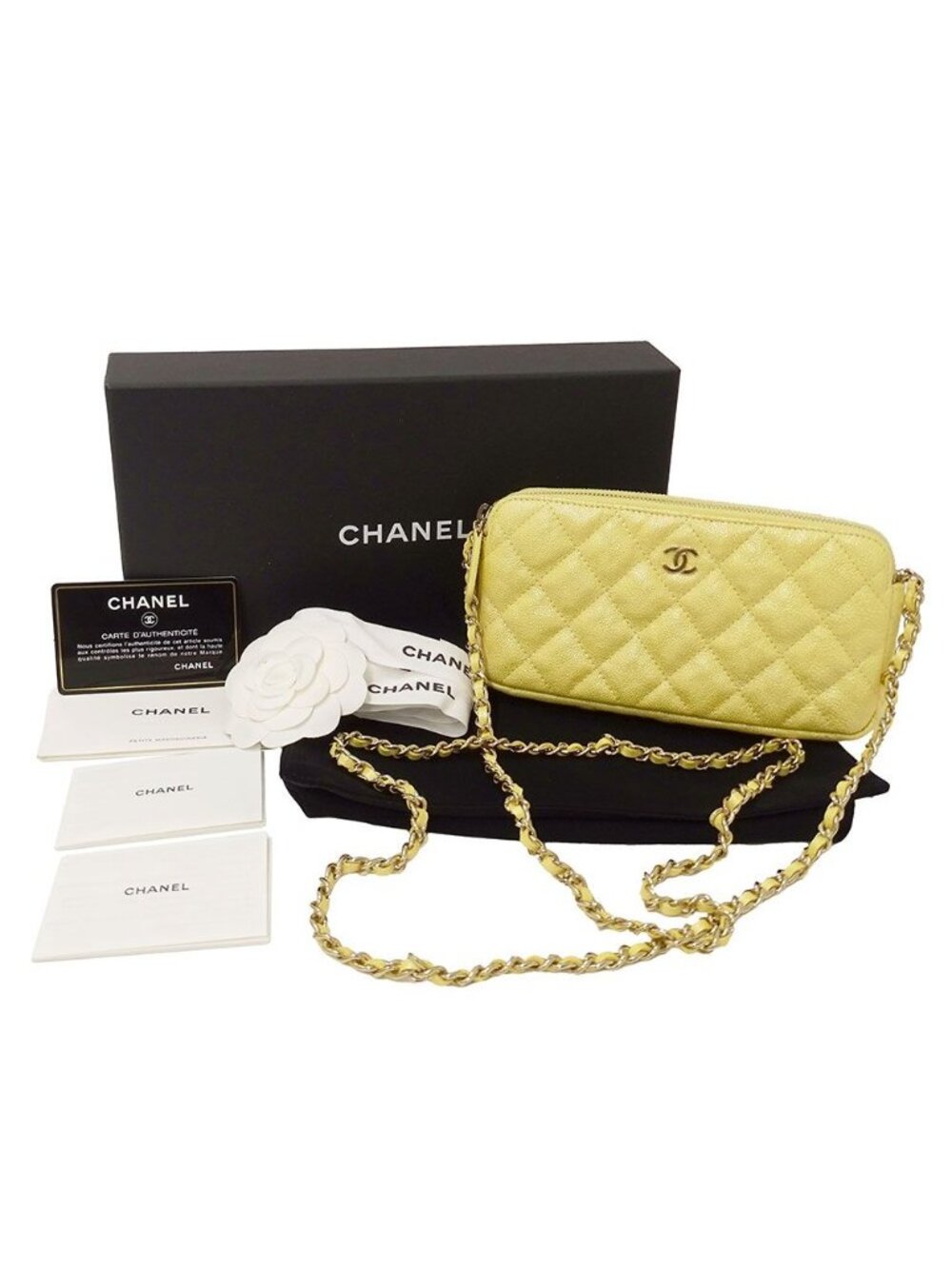Chanel Wallet Shoulder Quilted Caviar Leather Yellow Gold Chain Logo Glittering - Picture 5 of 12